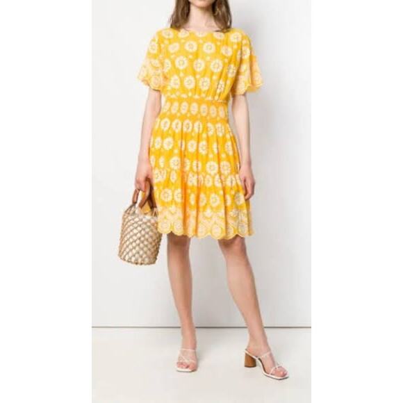Tory Burch Embroidered Eyelet Yellow Dress Size 2 - Picture 2 of 11